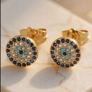 Gold Tone Round Stud Earrings with Blue Mosaic.  ~NEW~